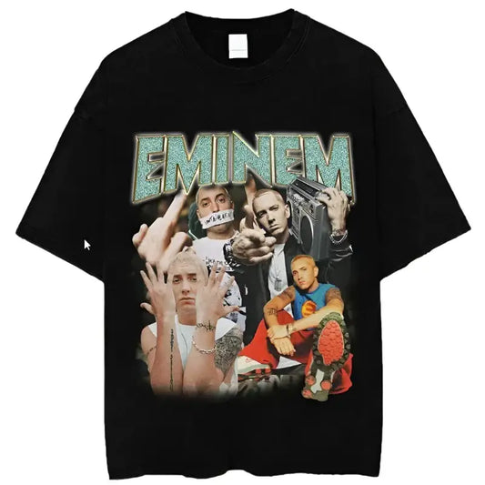 Black Eminem T-shirt with Y2K collage and stylized Rap God text design