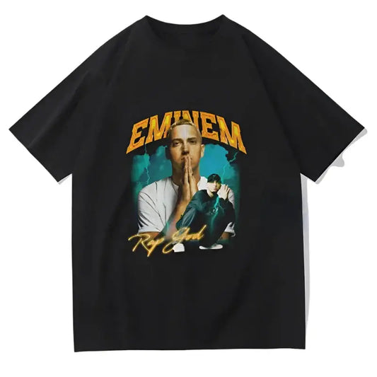 Black Eminem T-shirt featuring a rapper making a shh gesture, perfect for Y2K fans