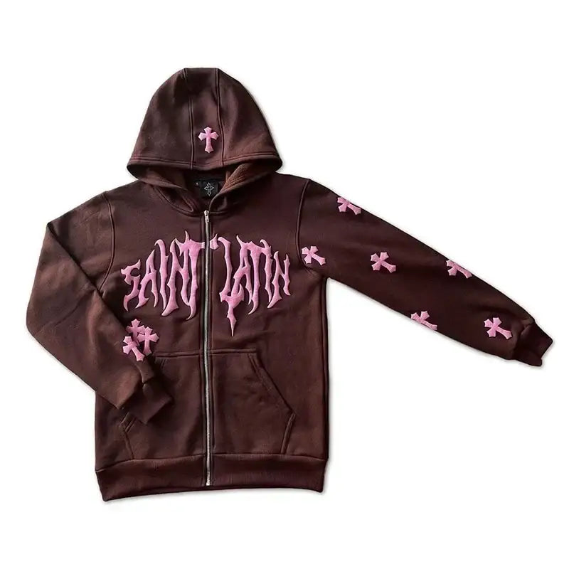 Brown zip-up Emo Hoodie featuring pink SAINT PAIN text and cross designs in Y2K fashion