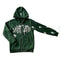 Green zip-up emo hoodie featuring Saint Pain text and shamrock designs in Y2K fashion