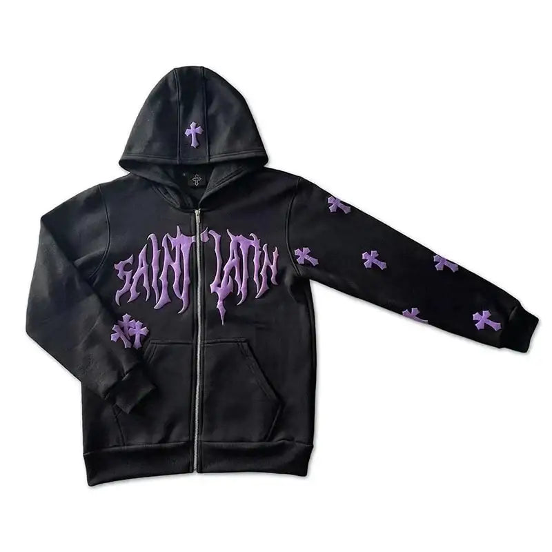 Black zip-up emo hoodie featuring trendy purple graffiti-style designs and text