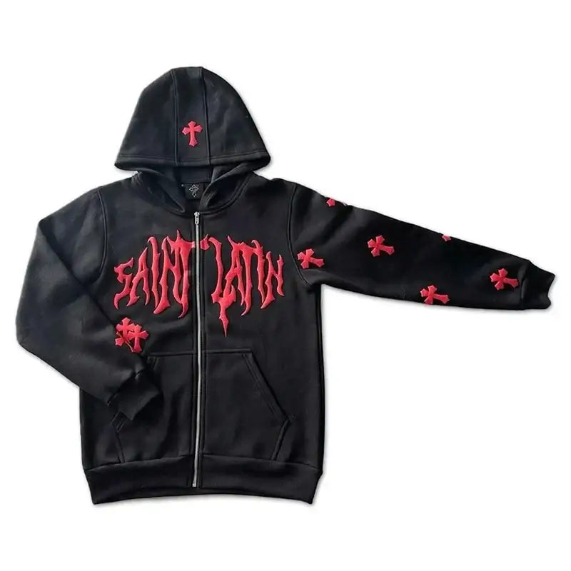 Black zip-up emo hoodie featuring bold red text and designs, perfect for Y2K fashion