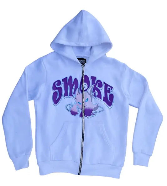 Light blue Eternal Hoodie with purple SMOKE text and butterfly design for Y2K style