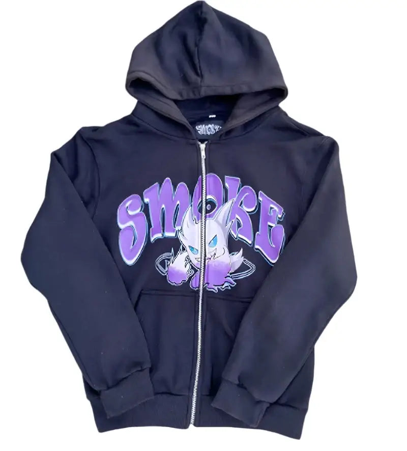 Navy blue Eternal Hoodie with purple graffiti SMOKE print, perfect for Y2K style