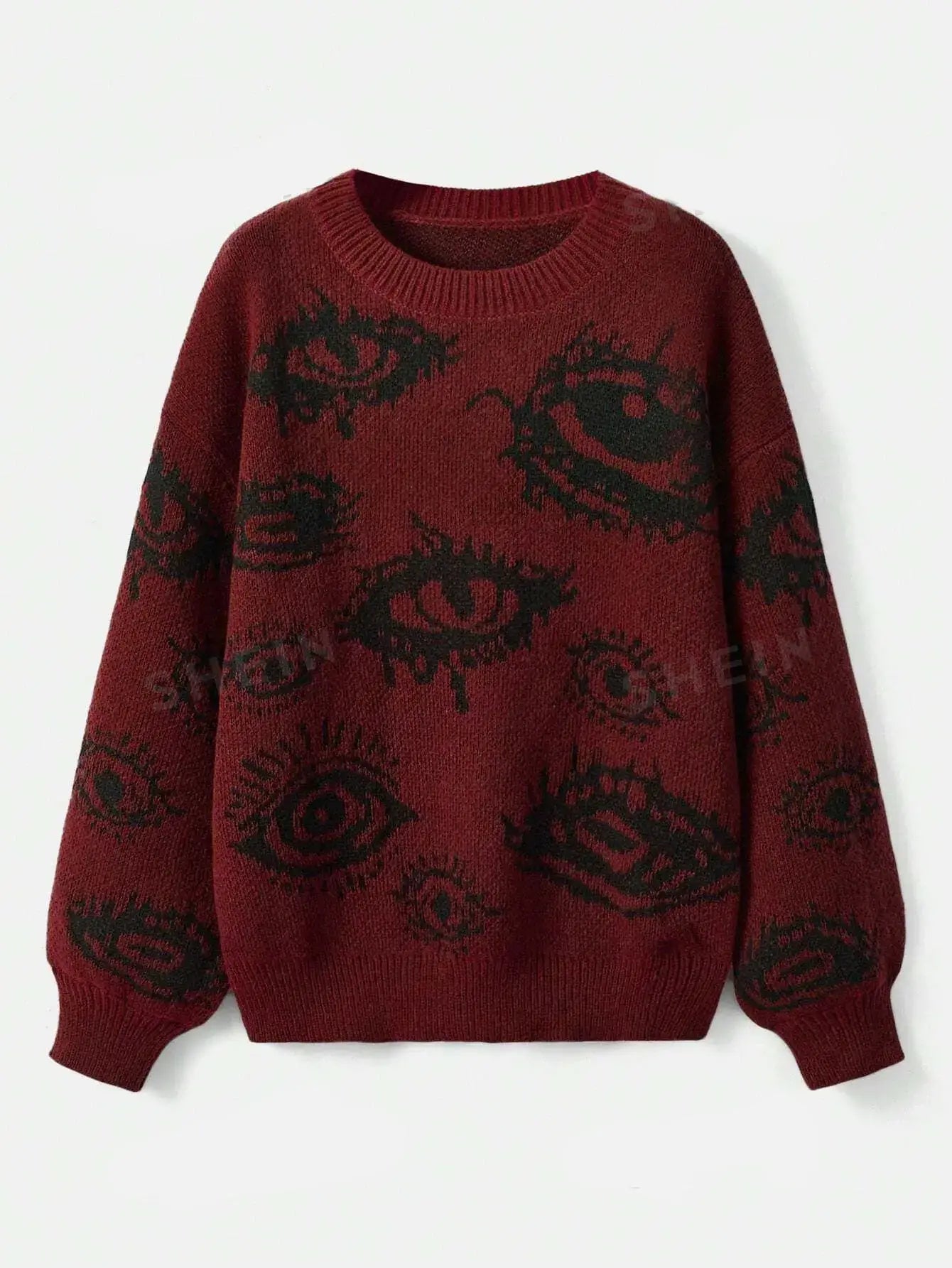 Burgundy Evil Eye Sweater featuring distinctive black eye pattern designs