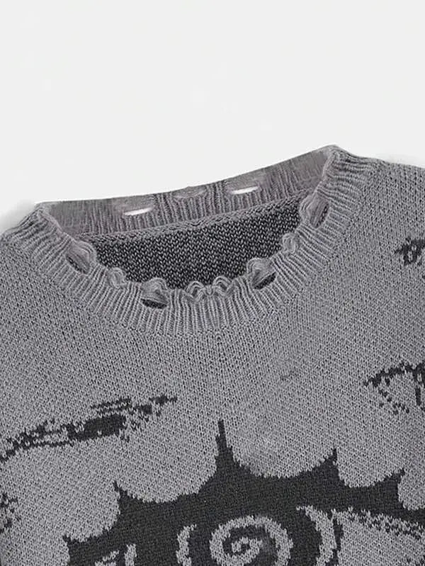 Gray Evil Eye Sweater featuring a dark pattern on the front for a stylish look