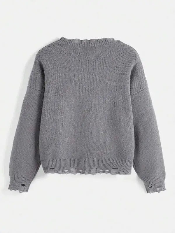 Gray Evil Eye Sweater featuring scalloped hem and ribbed edges