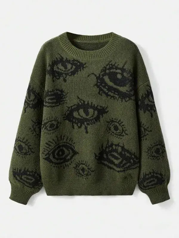 Green Evil Eye Sweater featuring a unique pattern of black eye designs