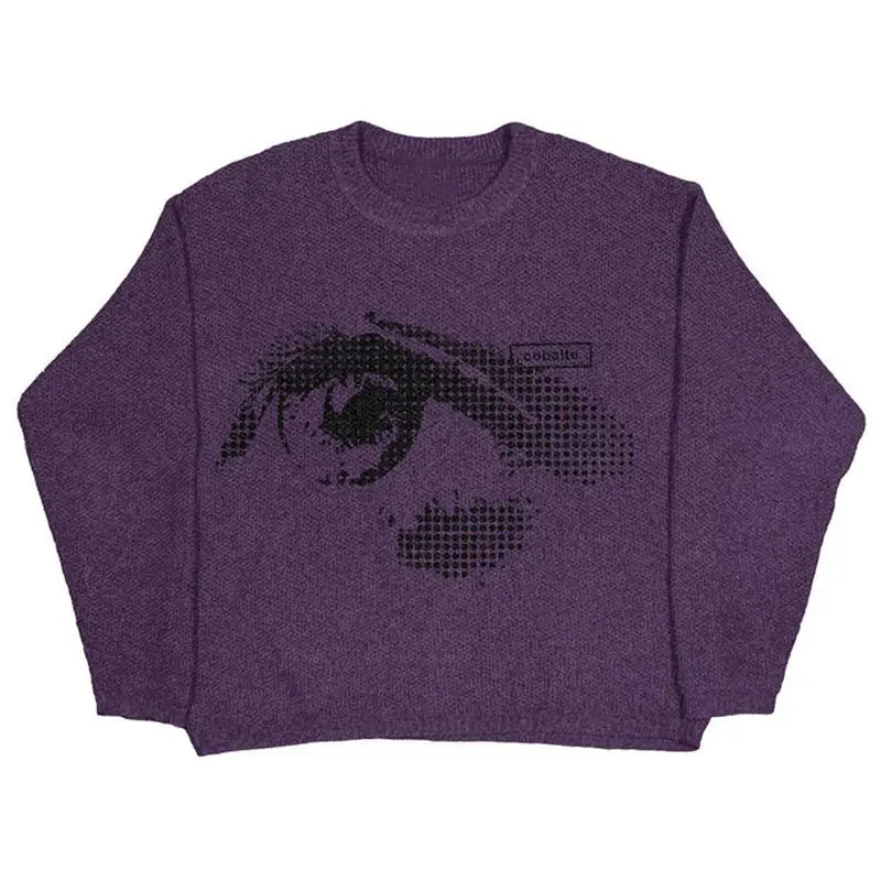 Purple cropped Eye Sweater featuring a pixelated eye graphic, perfect for Y2K fashion game