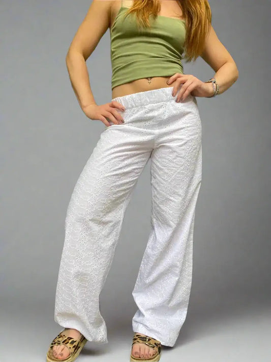 White Eyelet Pants in a textured design, perfect for Y2K womens clothing styles