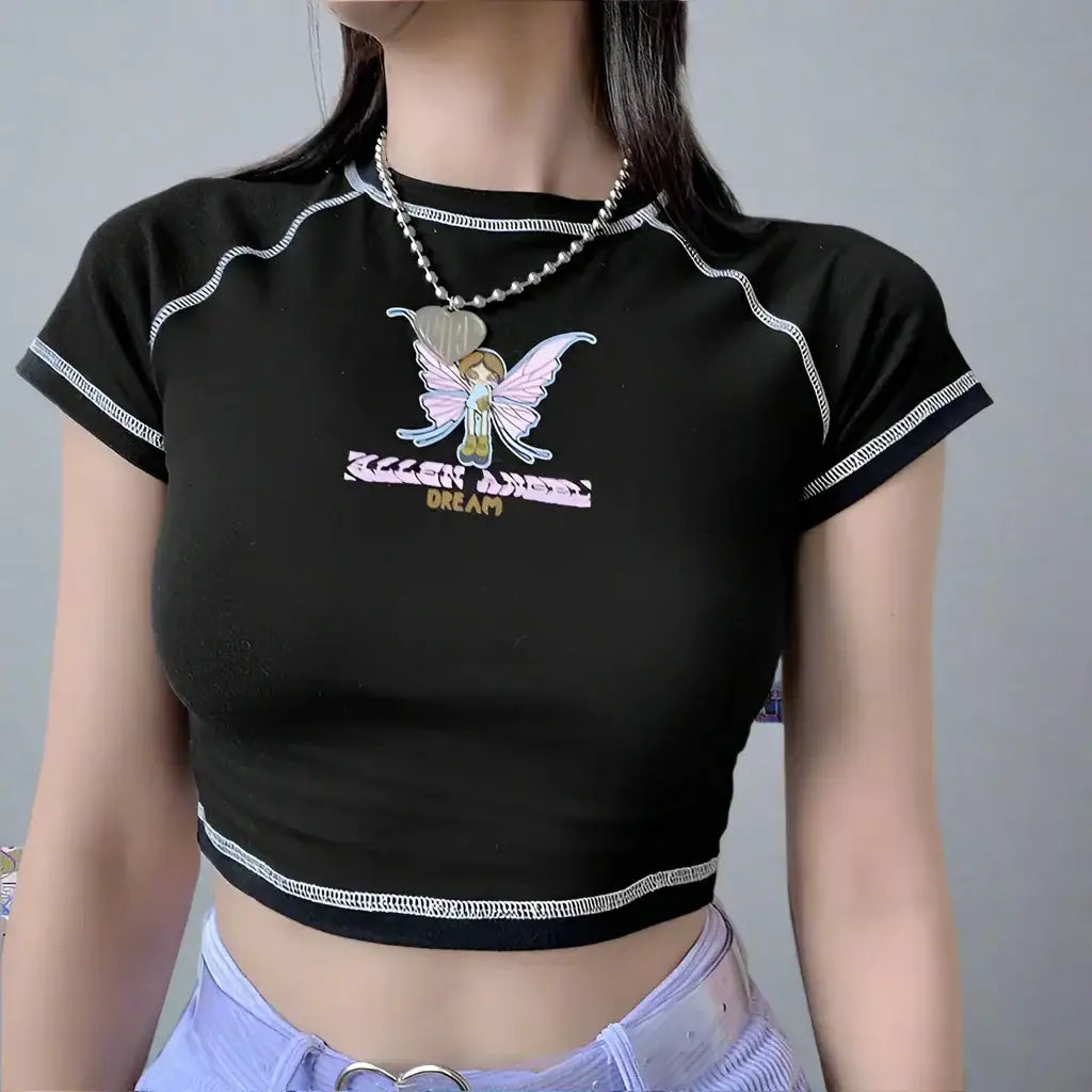 Black Fairy Crop Top with white trim, a perfect combination of Y2K style and charm