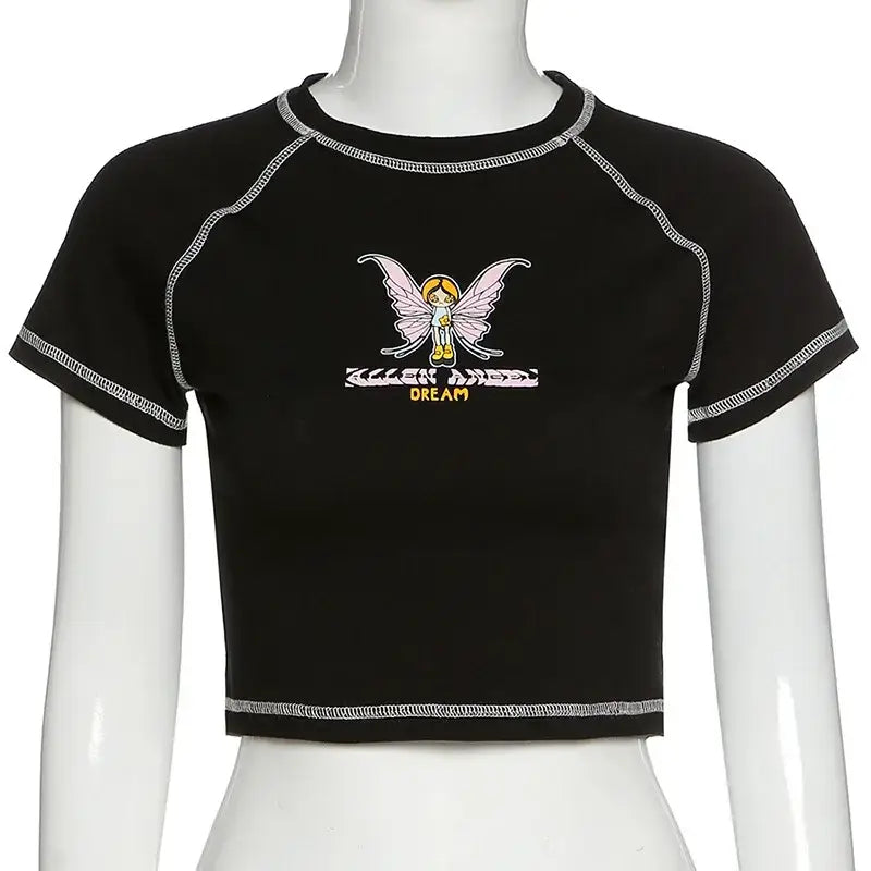 Black Fairy Crop Top featuring a butterfly graphic, the perfect combination of style