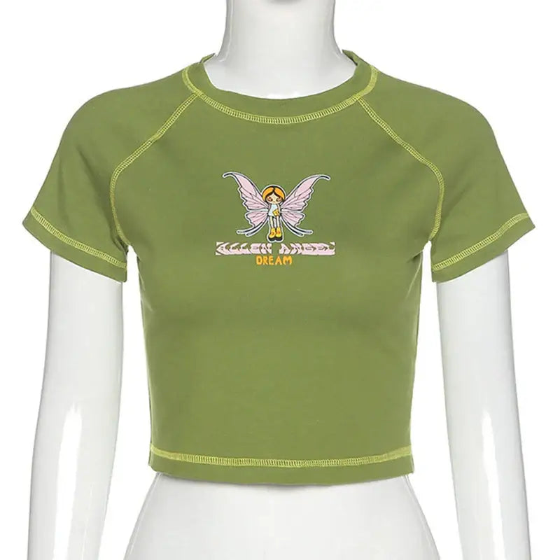 Green fairy crop top t-shirt featuring a whimsical design, a perfect Y2K fashion choice