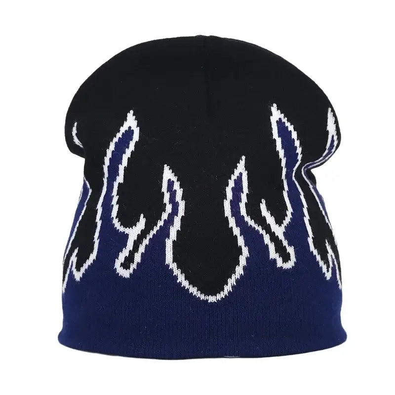 Black and blue knit Flame Beanie featuring a trendy flame pattern design, perfect Y2K accessory