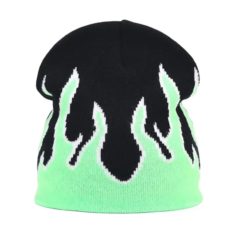 Black Flame Beanie with neon green flame pattern, perfect for Y2K accessories