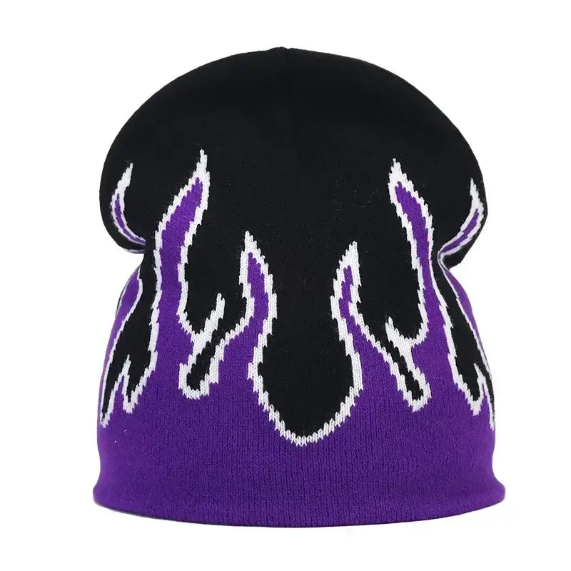 Black knit Flame Beanie featuring a vibrant purple flame design, perfect Y2K accessory