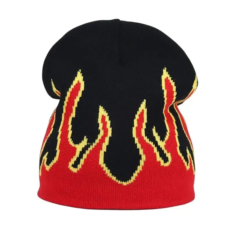 Black knit Flame Beanie featuring a striking red and yellow flame design