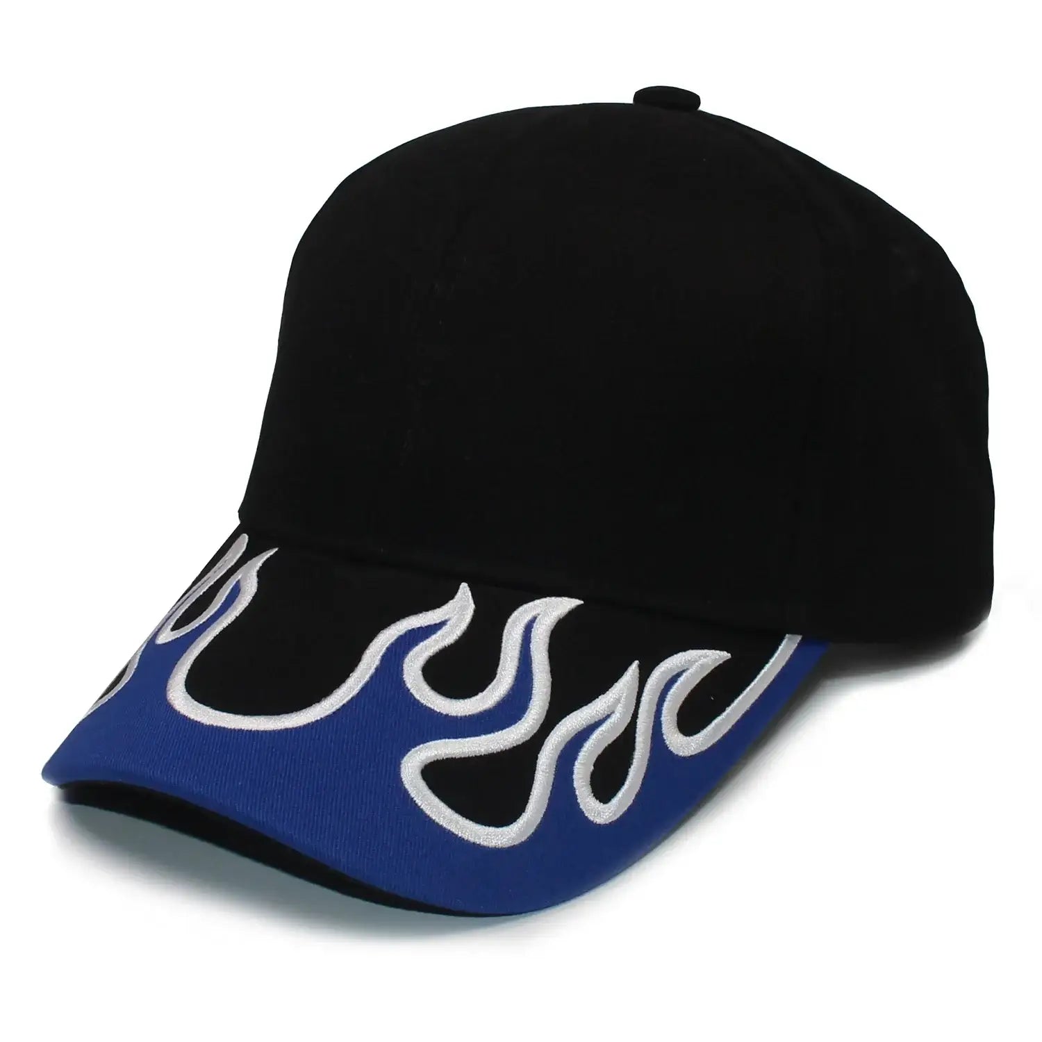 Black Flame Cap with blue and white flame design on the brim for Y2K style fashion