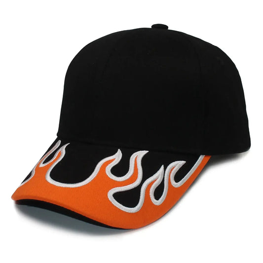 Black Flame Cap featuring orange and white flame design on the brim for Y2K style