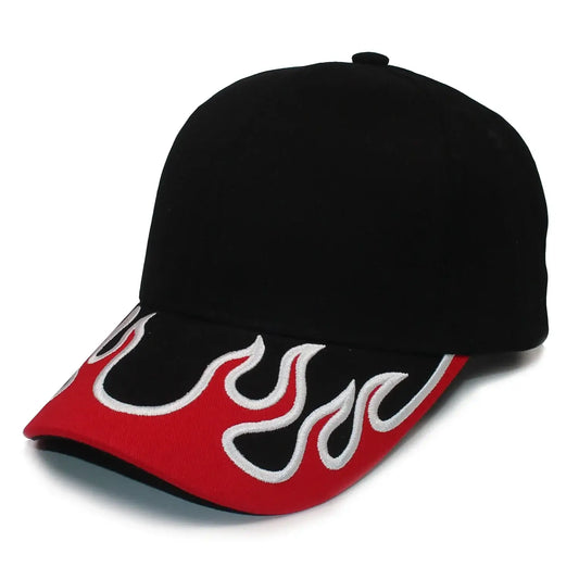 Black Flame Cap featuring red and white flame design on the brim, perfect for Y2K style