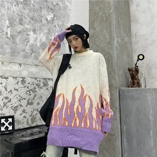 Oversized cream Flame Sweater featuring a vintage flame printed design in purple and orange