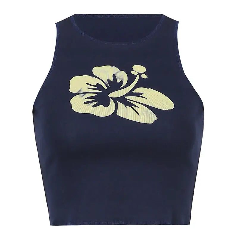 Navy blue floral crop top with light yellow hibiscus design, perfect blend for Y2K style