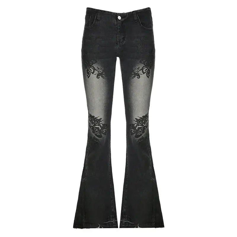 Distressed black flare jeans with lace detailing for a trendy Y2K floral style