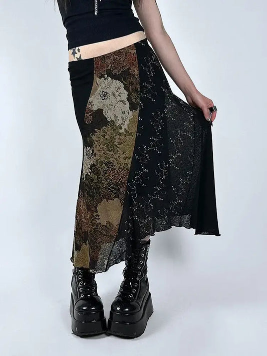 Asymmetrical Floral Midi Skirt with Patchwork Floral and Lace Designs