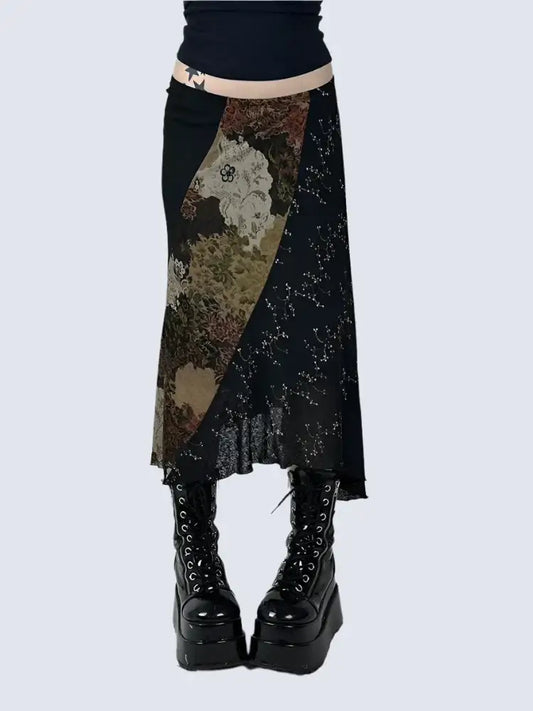 Asymmetrical floral midi skirt in dark earthy tones with chunky platform boots