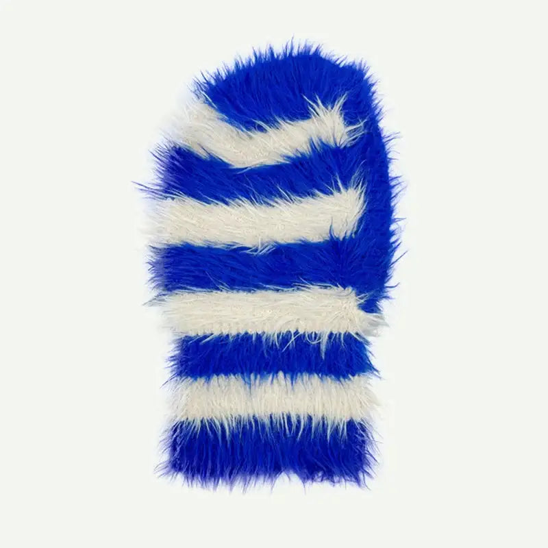 Fluffy blue and white striped mitten complementing a Fluffy Hat for Y2K style, 56-58cm