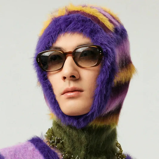 Person wearing a fluffy hat in vibrant purple and yellow, size 56-58cm, Y2K style