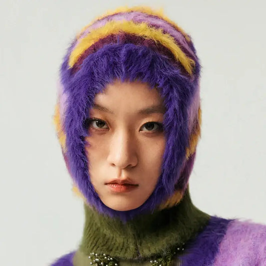 Person wearing a vibrant purple and yellow fluffy hat, perfect for Y2K style 56-58cm