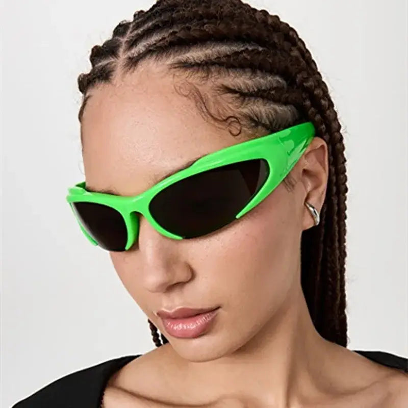 Bright neon green wraparound Futuristic Sunglasses for stylish eye protection and Y2K vibes