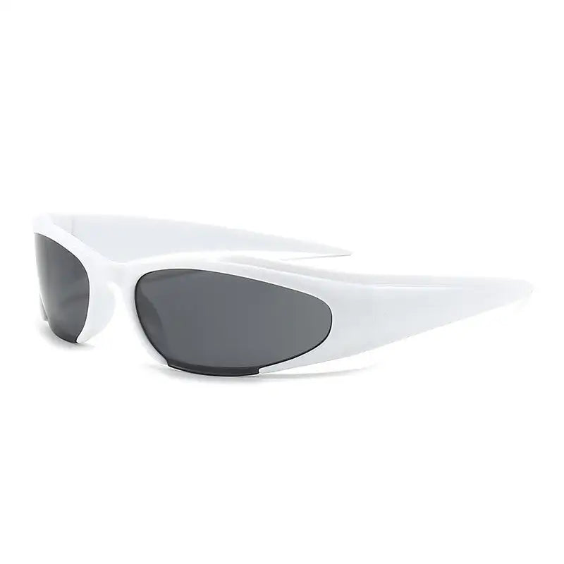 White futuristic sunglasses with dark lenses for stylish eye protection