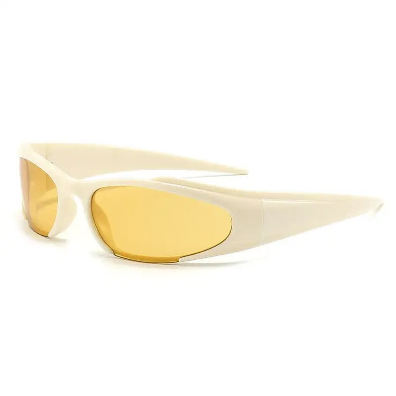 Pair of white-framed Futuristic Sunglasses with yellow lenses for eye protection