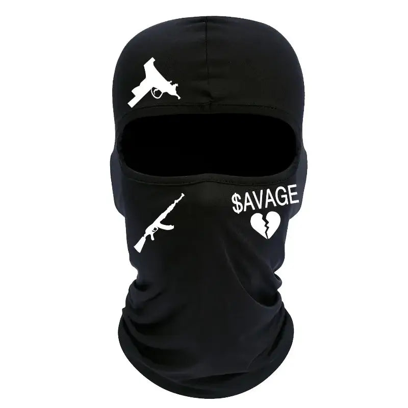 Black Gang Balaclava in polyester with white gun graphics and $AVAGE text design