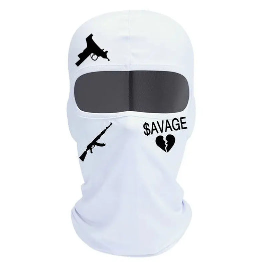 White gang balaclava in polyester featuring gun graphics and SAVAGE text design