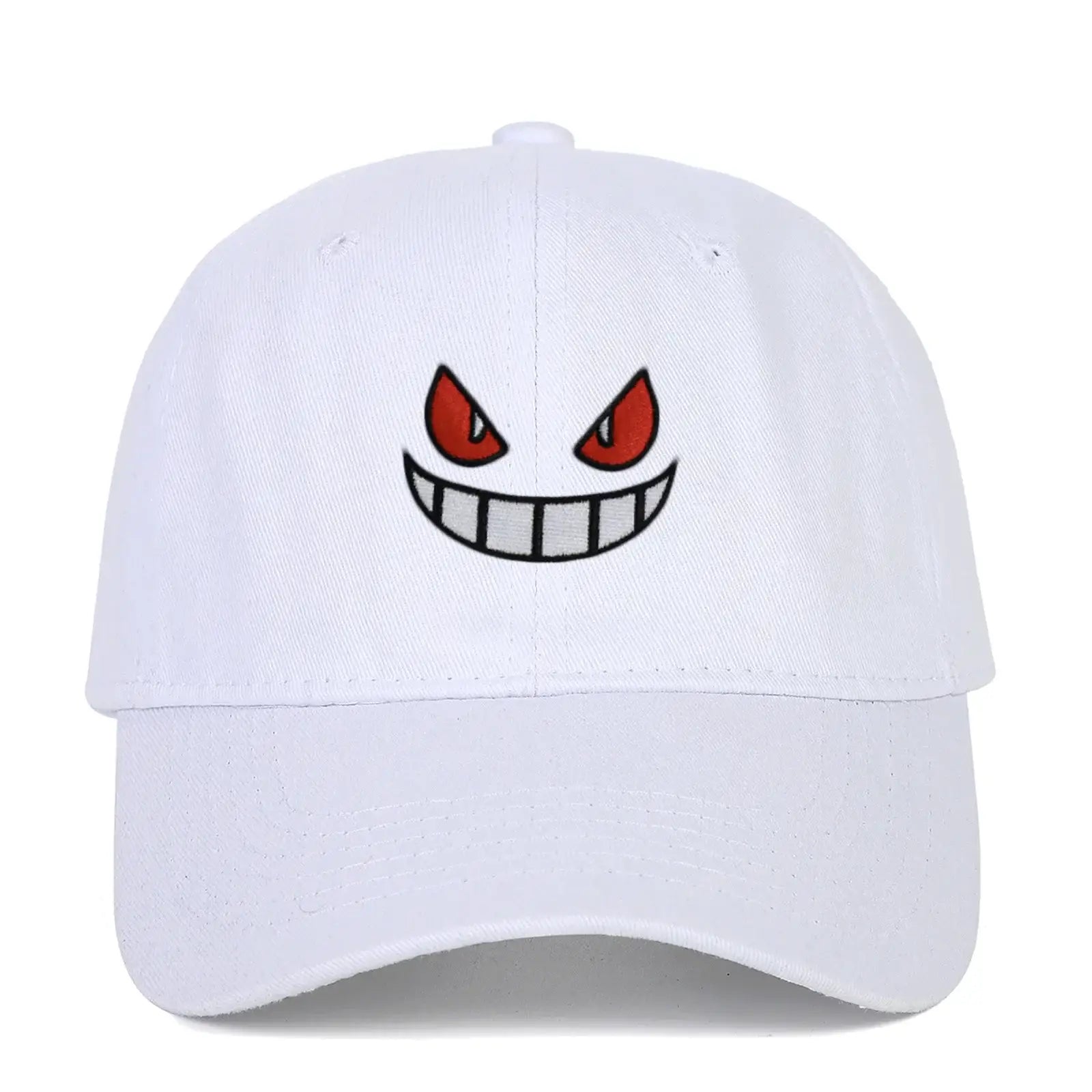 White Gengar Cap featuring mischievous cartoon face design, perfect for Y2K style, 54-60cm