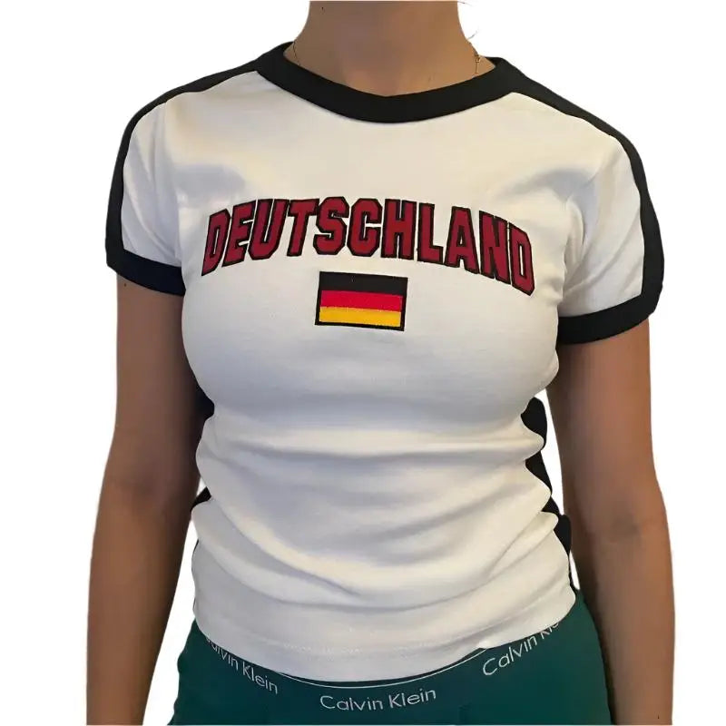 White Germany Crop Top featuring DEUTSCHLAND text and German flag design, Y2K style