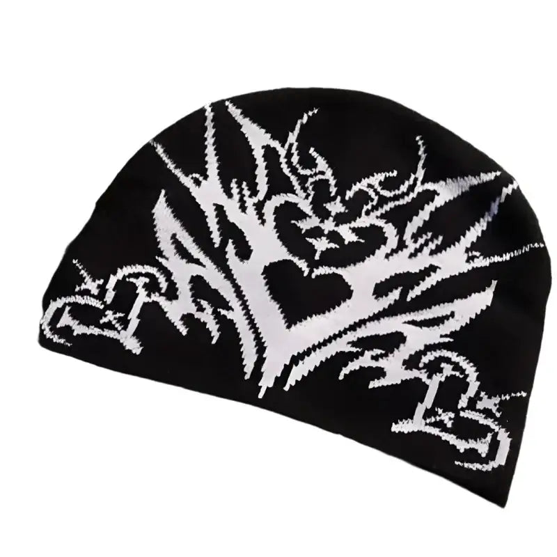 Black knit Gothic Beanie featuring a white heart and tribal-style design for goth enthusiasts