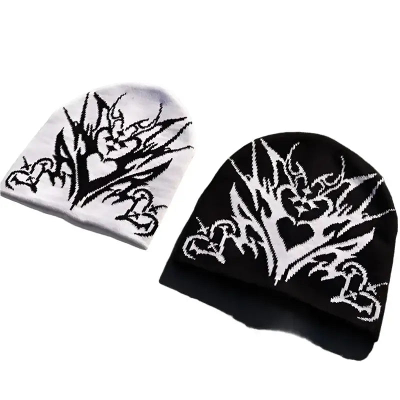 Gothic Beanie featuring white and black abstract tribal designs for goth enthusiasts