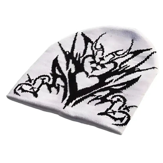 White Gothic Beanie featuring black floral abstract design, perfect for Y2K goth enthusiasts