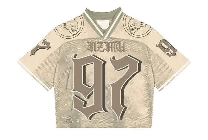 Beige Gothic Jersey featuring number 97, perfect for Y2K clothing men style