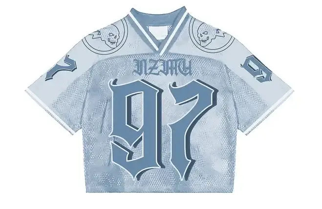 Cropped Gothic Jersey featuring number 97 in stylish gothic font for Y2K clothing men