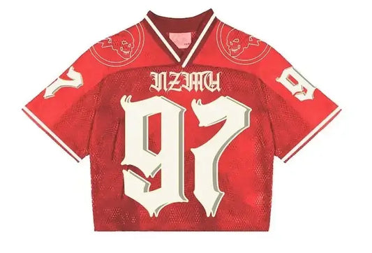 Red Gothic Jersey with the number 97 and NIZMU, perfect for Y2K clothing men