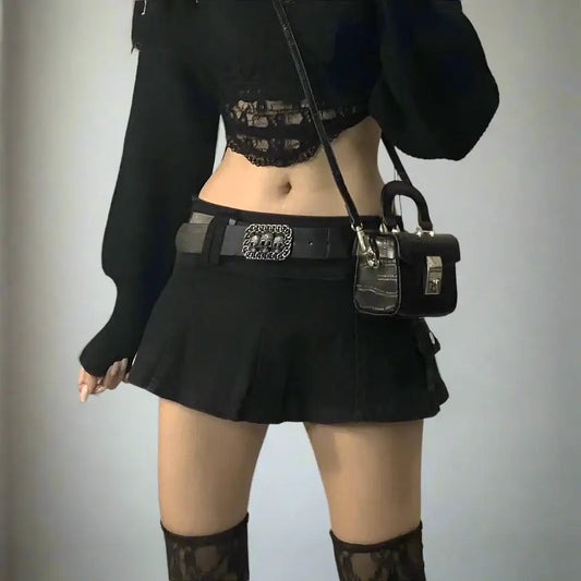 Black Gothic Mini Skirt with decorative belt and matching crop top outfit