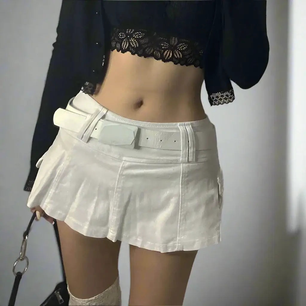 White pleated mini skirt with waistband and belt loops perfect for a Gothic mini look