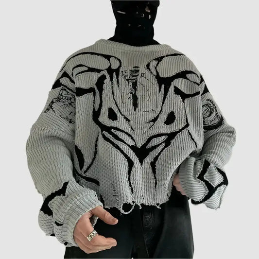 Cropped gray Gothic sweater with abstract black designs in loose fit style