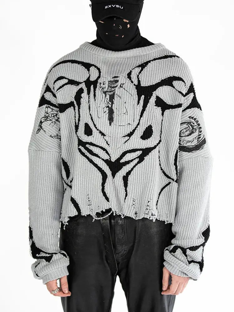 Distressed white Gothic sweater with black abstract tribal design in loose fit style