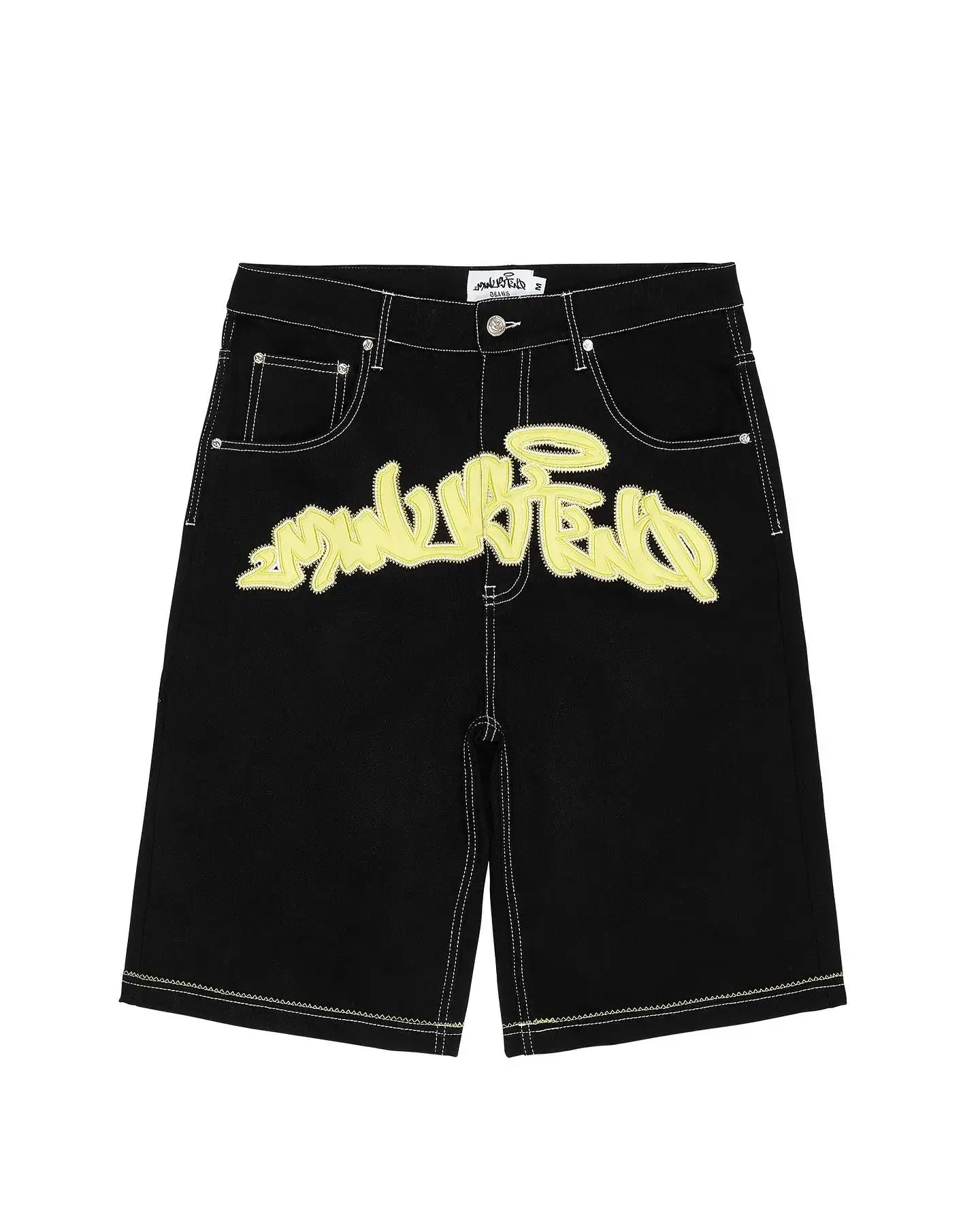 Black denim graffiti shorts with yellow logo, perfect for Y2K clothing men